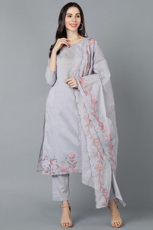 Ahika Women Grey Poly Silk Embroidered Kurta Trouser With Dupatta