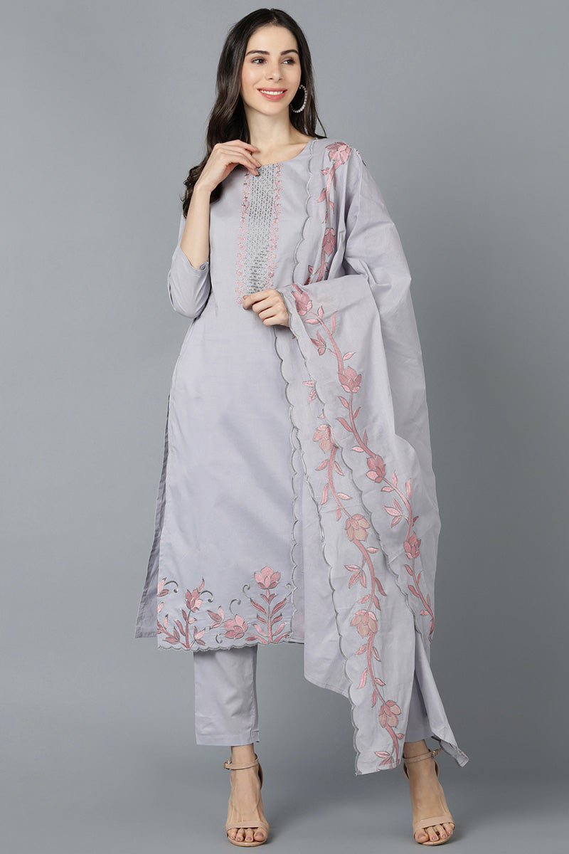 Grey Poly Silk A-Line Kurta Pant With Dupatta Set PKSKD1493