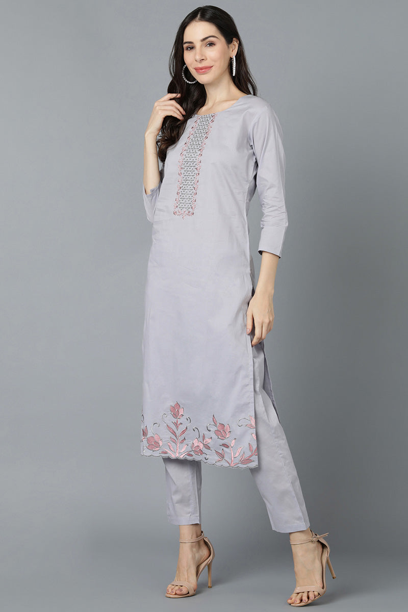 Ahika Women Grey Poly Silk Embroidered Kurta Trouser With Dupatta