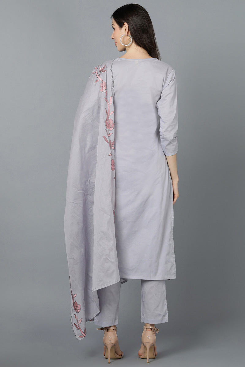 Ahika Women Grey Poly Silk Embroidered Kurta Trouser With Dupatta