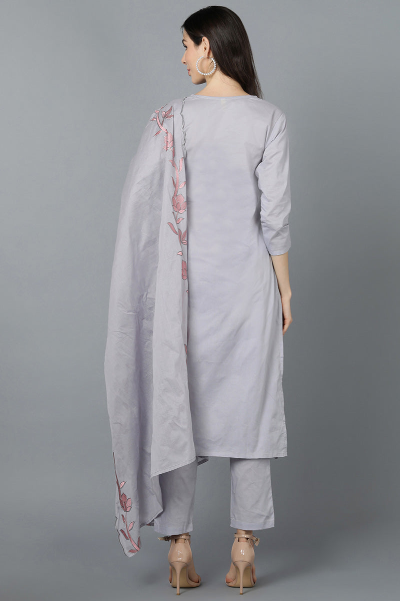 Grey Poly Silk A-Line Kurta Pant With Dupatta Set PKSKD1493