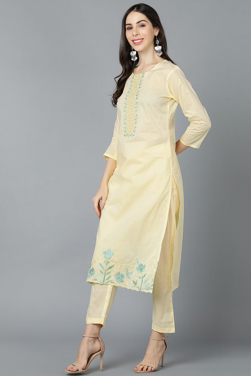 Ahika Women Yellow Poly Silk Embroidered Kurta Trouser With Dupatta