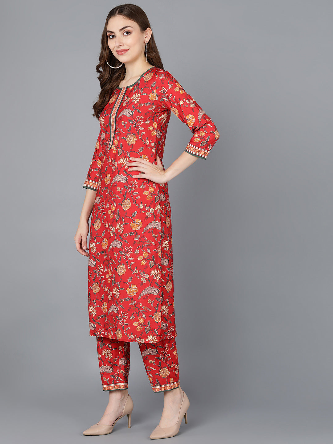 Ahika Women Red Polyester Kurta Trousers With Dupatta