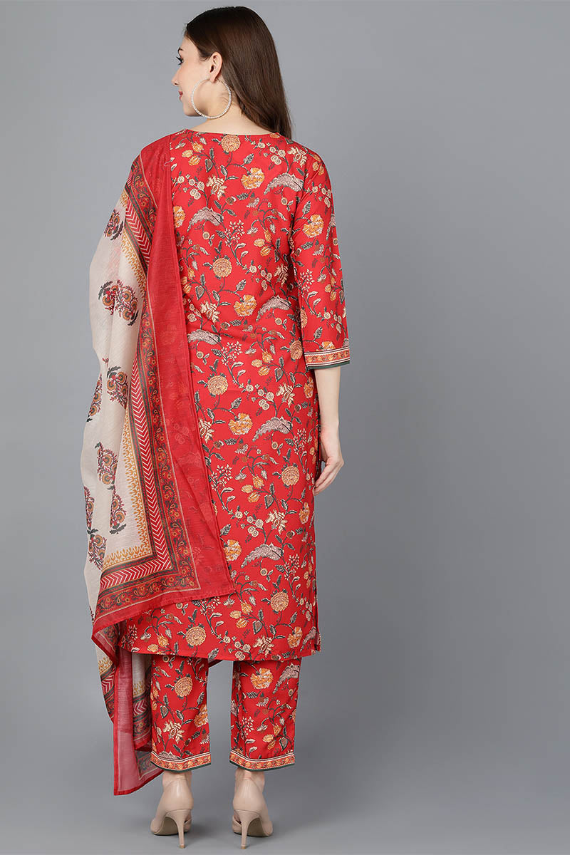 Ahika Women Red Polyester Kurta Trousers With Dupatta