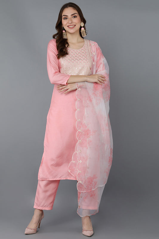 Ahika Women Pink Embroidered Kurta Trousers With Dupatta 