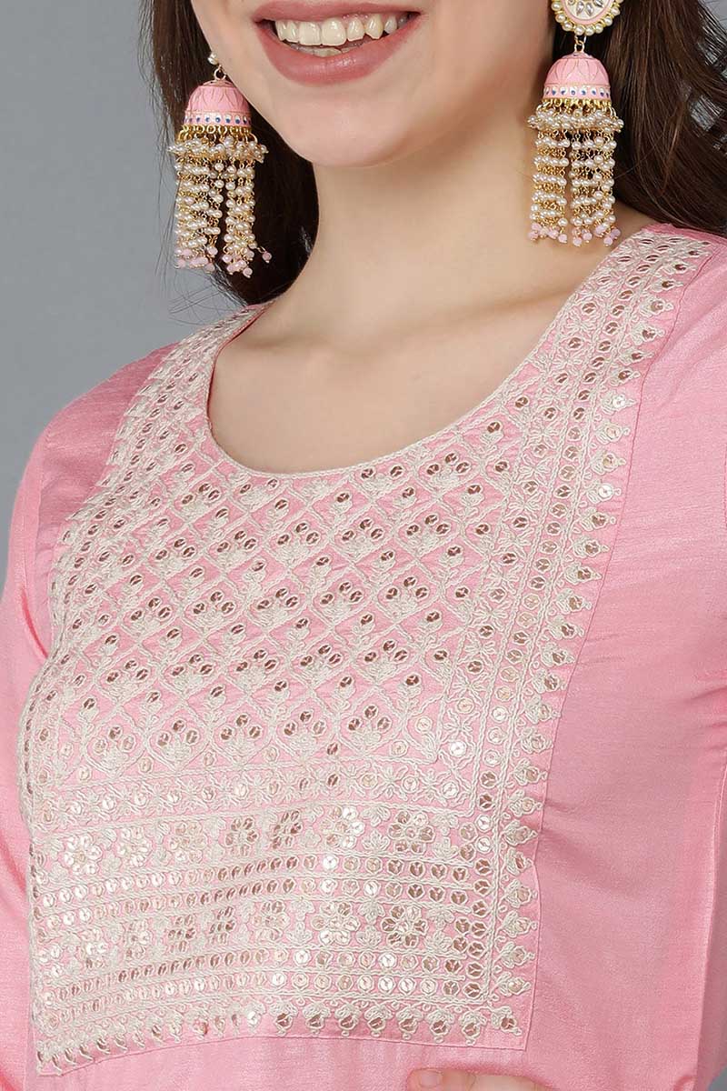 Ahika Women Pink Embroidered Kurta Trousers With Dupatta 