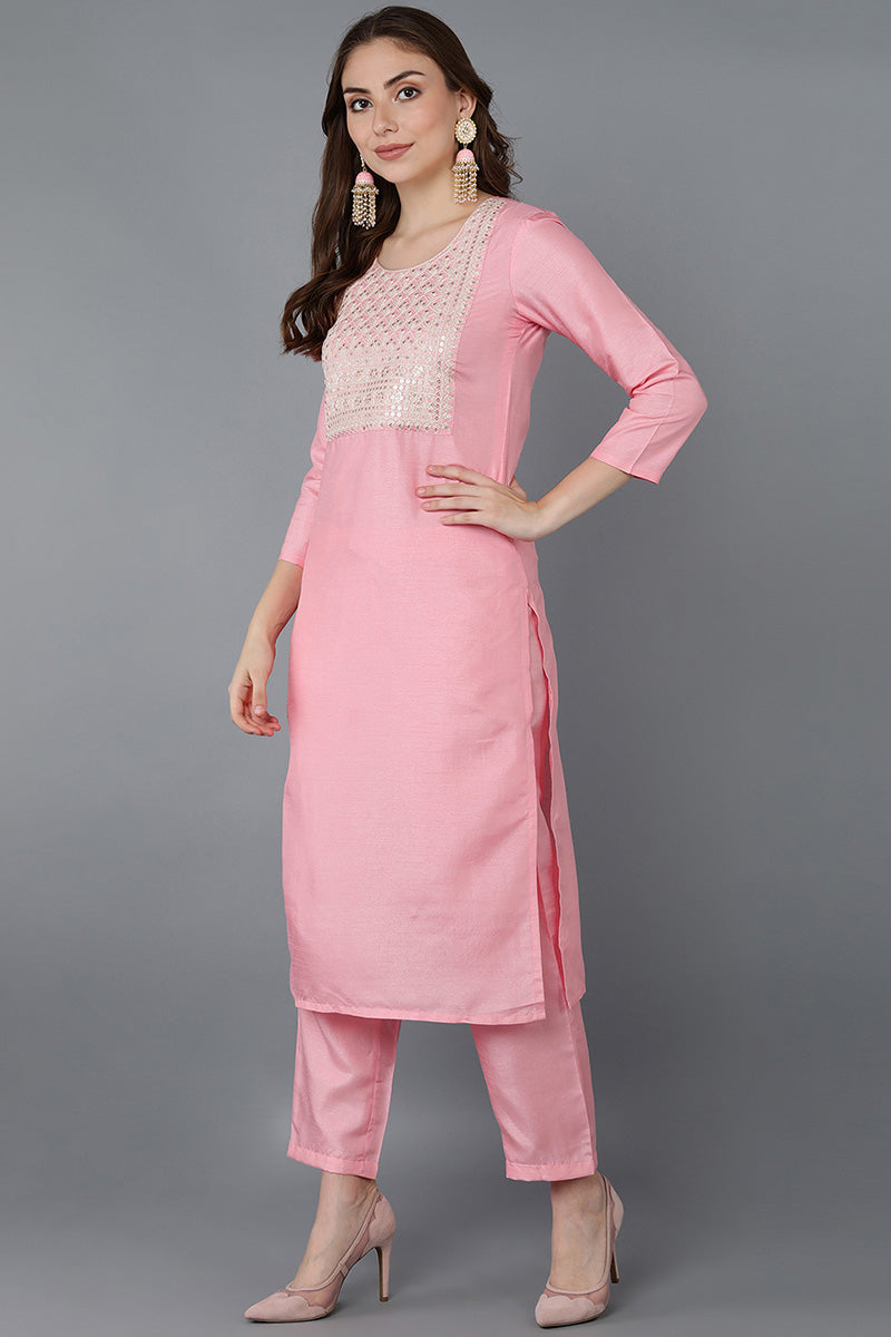 Ahika Women Pink Embroidered Kurta Trousers With Dupatta 