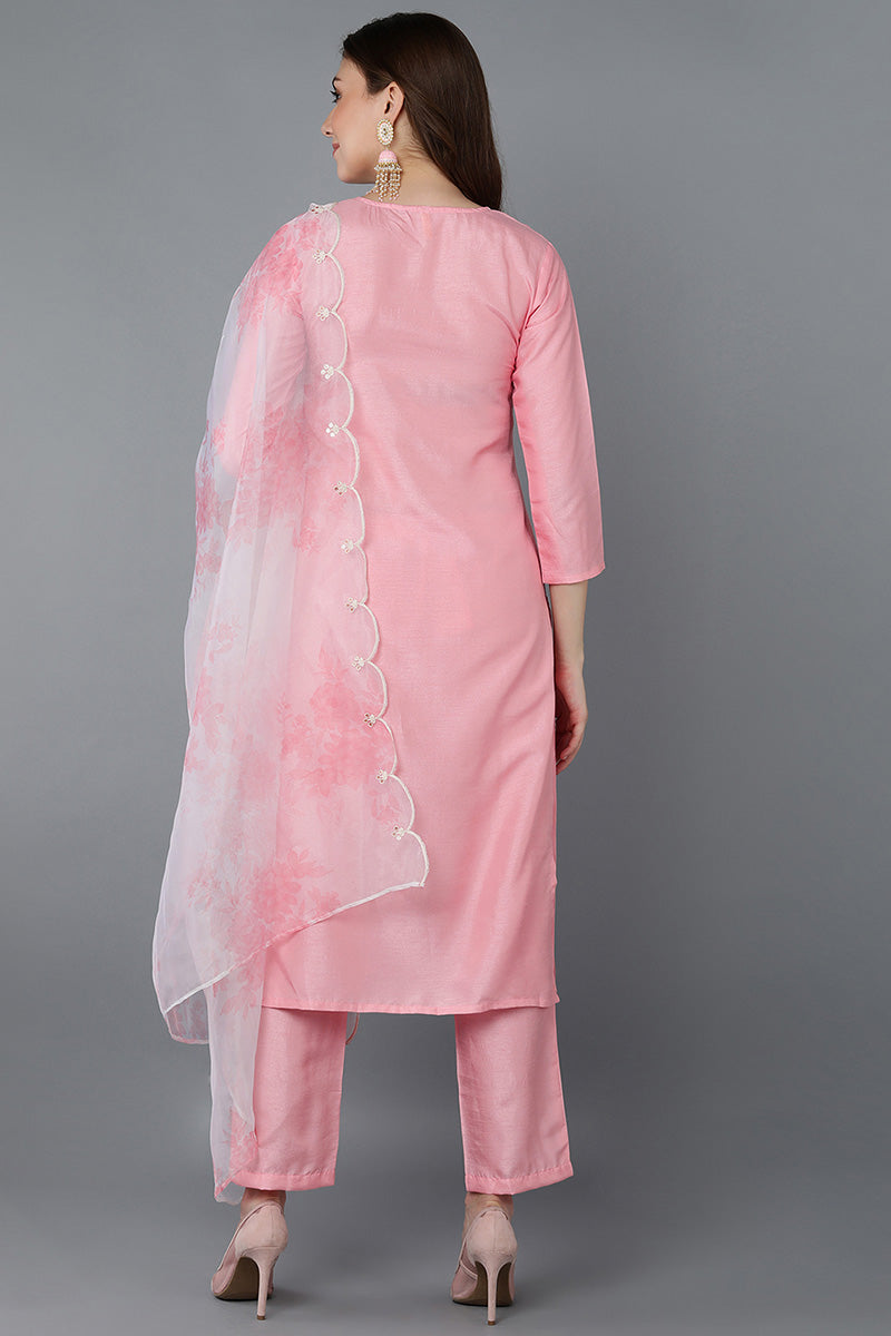 Ahika Women Pink Embroidered Kurta Trousers With Dupatta 