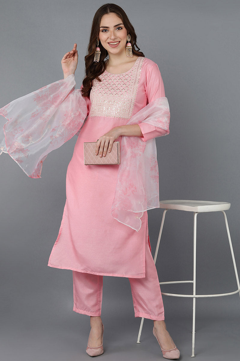 Ahika Women Pink Embroidered Kurta Trousers With Dupatta 