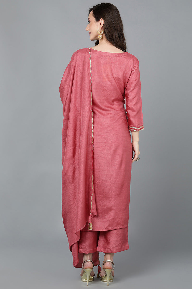 Ahika Women Pink Poly Silk Kurta Trousers With Dupatta 