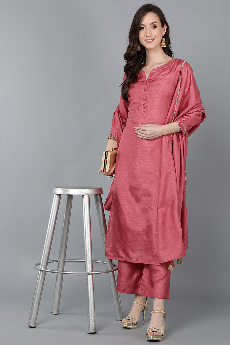 Ahika Women Pink Poly Silk Kurta Trousers With Dupatta 