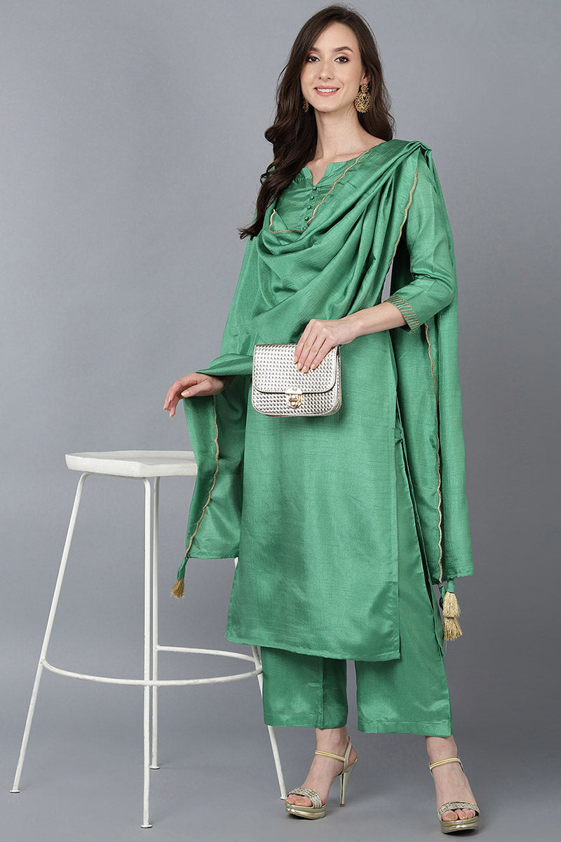Ahika Women Green Poly Silk Kurta Trousers With Dupatta 