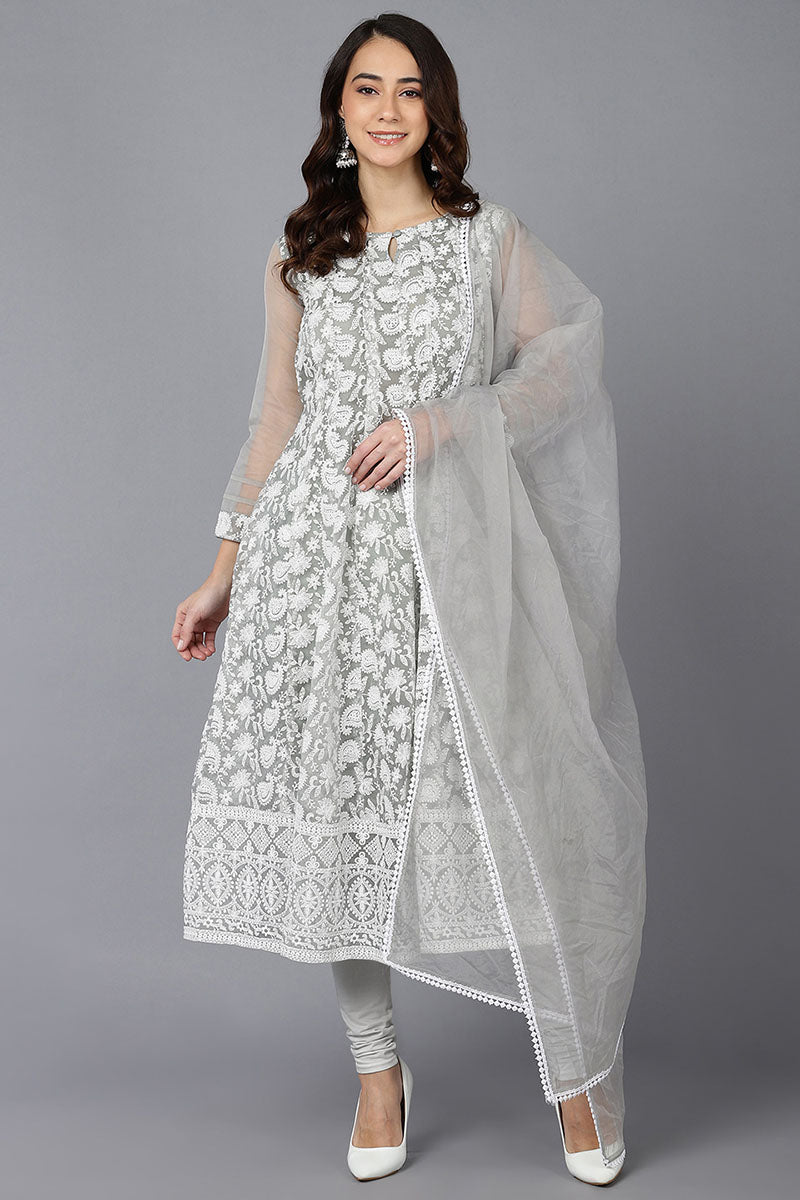 Ahika Women Grey Organza Kurta Churidar With Dupatta