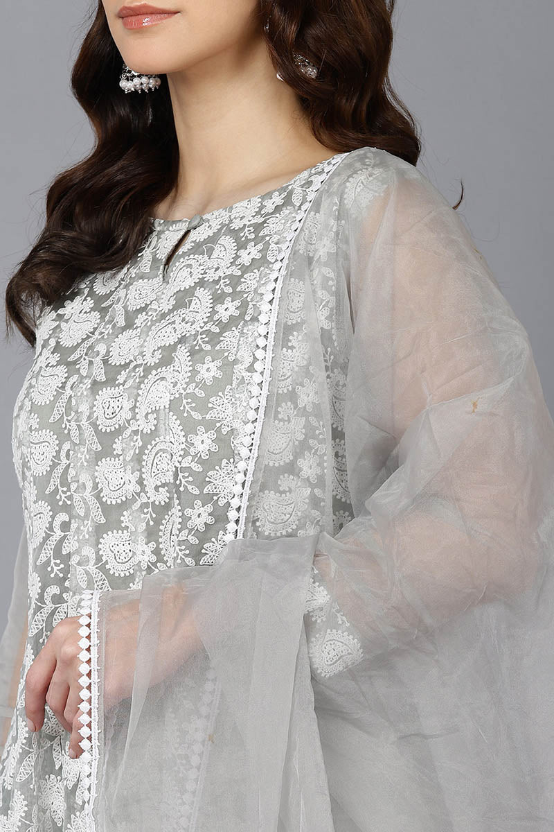 Ahika Women Grey Organza Kurta Churidar With Dupatta