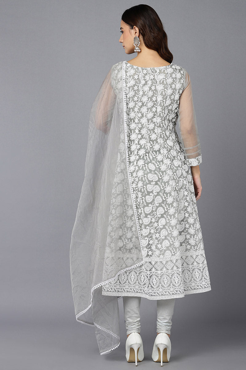 Ahika Women Grey Organza Kurta Churidar With Dupatta