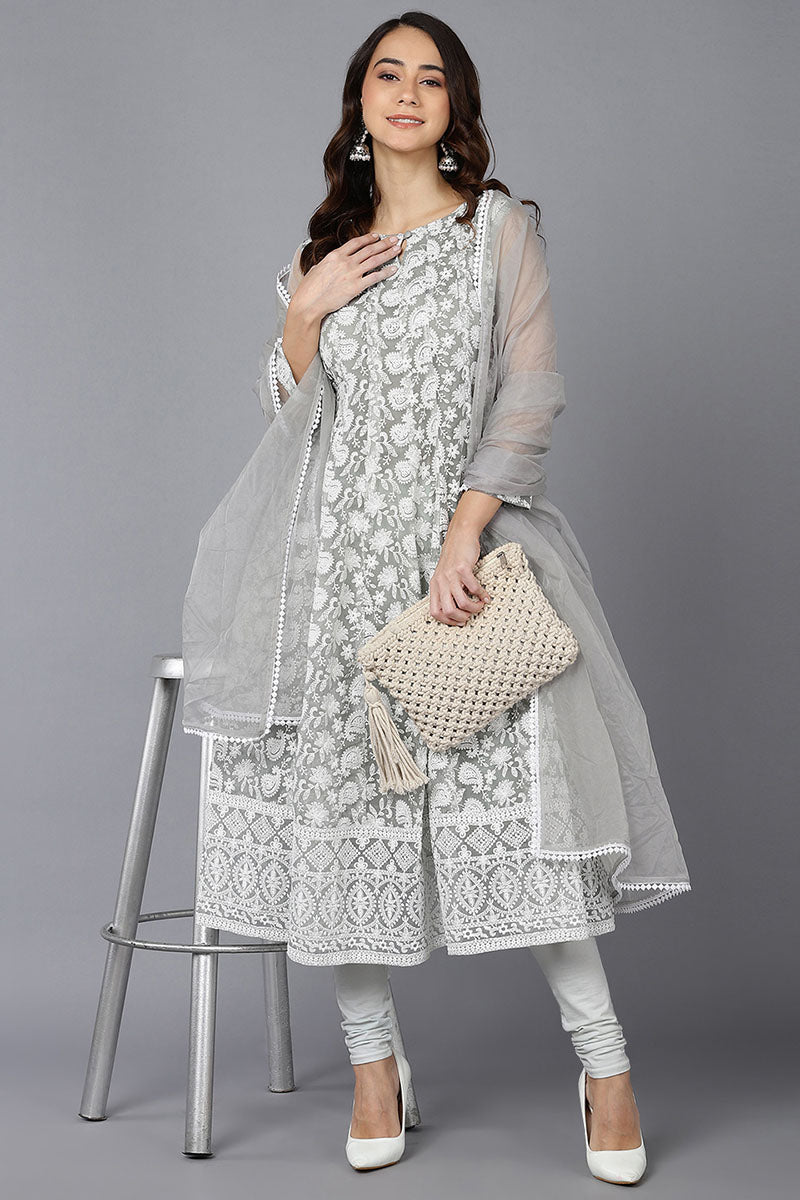 Ahika Women Grey Organza Kurta Churidar With Dupatta