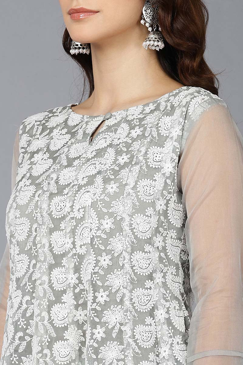 Ahika Women Grey Organza Kurta Churidar With Dupatta