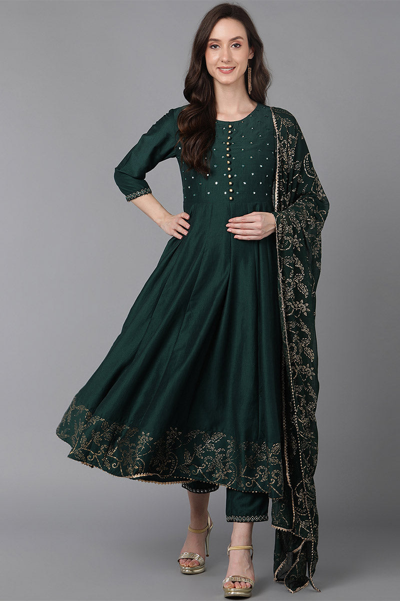 Green Poly Silk Ethnic Motifs Solid Kurta Trousers With Dupatta PKSKD1571