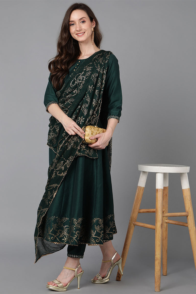 Green Poly Silk Ethnic Motifs Solid Kurta Trousers With Dupatta PKSKD1571