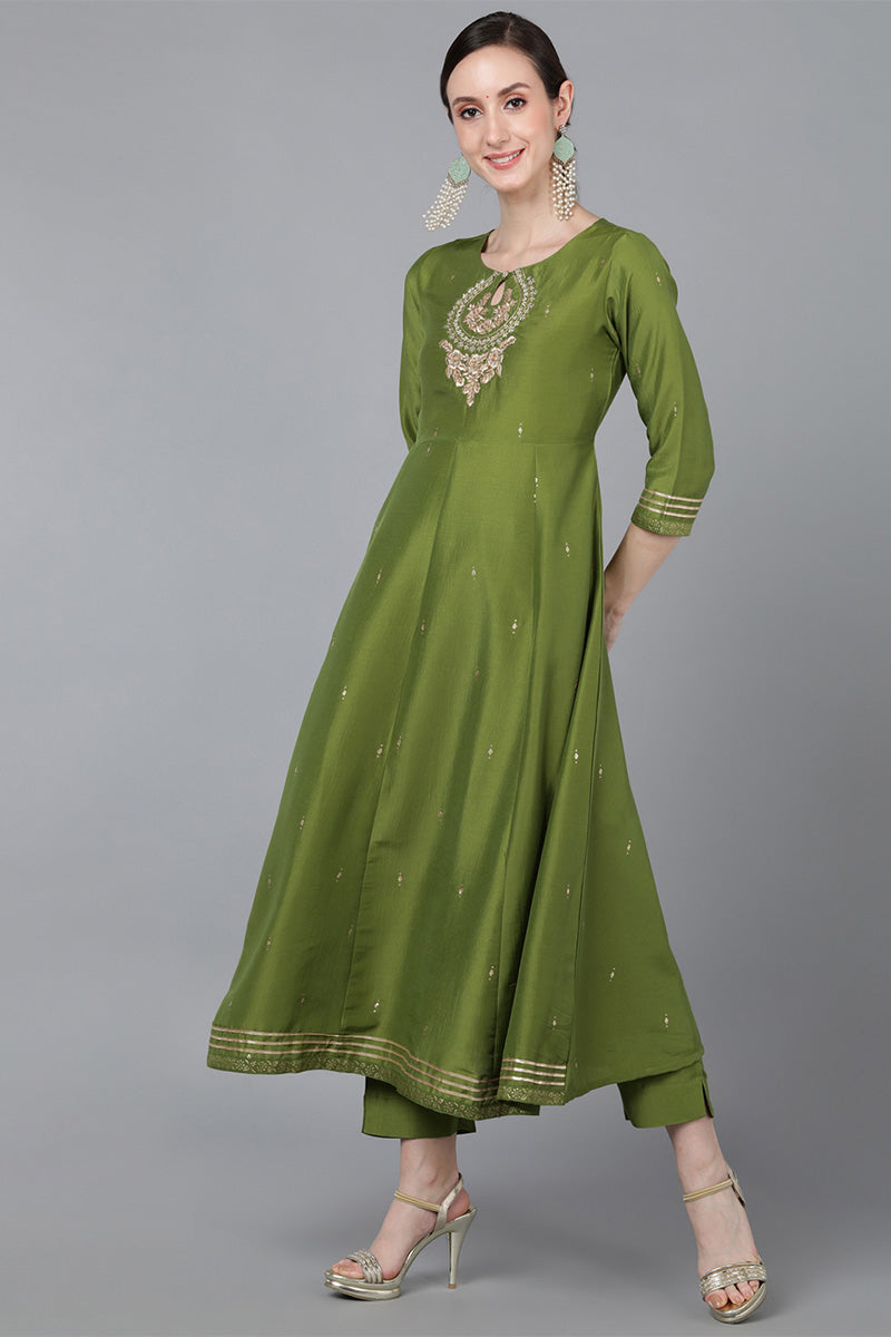 Green Poly Silk Ethnic Motifs Yoke Design Kurta Trousers With Dupatta PKSKD1581