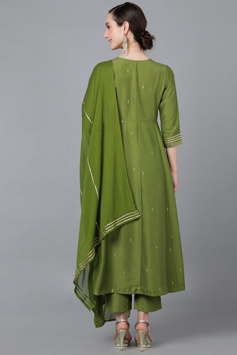Green Poly Silk Ethnic Motifs Yoke Design Kurta Trousers With Dupatta PKSKD1581