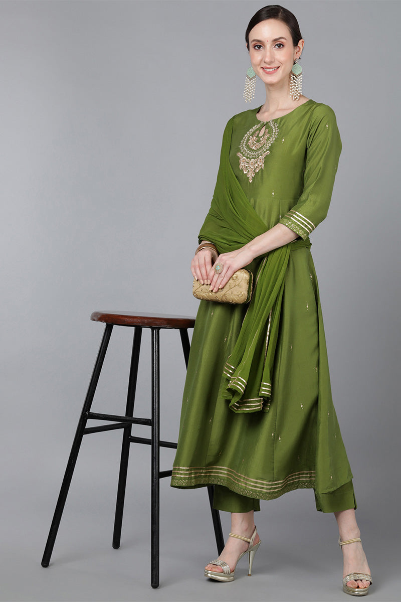 Green Poly Silk Ethnic Motifs Yoke Design Kurta Trousers With Dupatta PKSKD1581