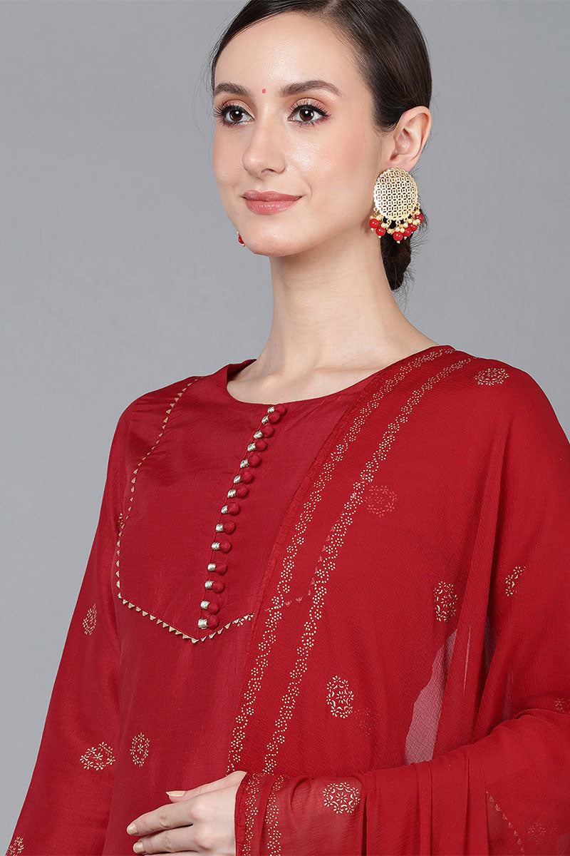 Ahika Women Red Poly Silk Ethnic Motifs Yoke Design Kurta Trousers With Dupatta 
