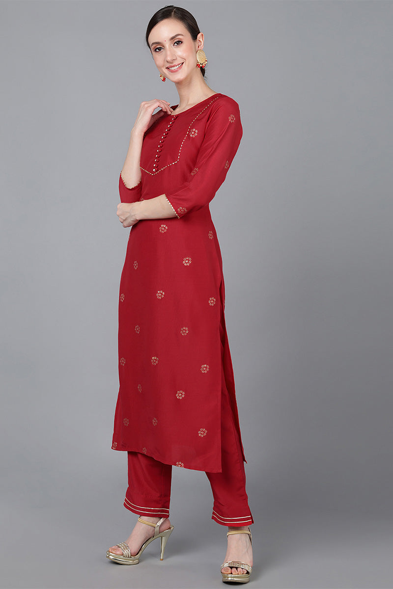 Ahika Women Red Poly Silk Ethnic Motifs Yoke Design Kurta Trousers With Dupatta 