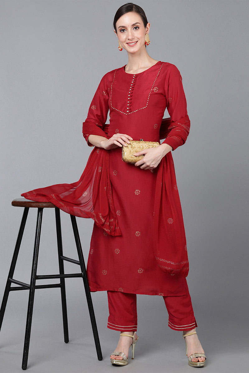 Ahika Women Red Poly Silk Ethnic Motifs Yoke Design Kurta Trousers With Dupatta 