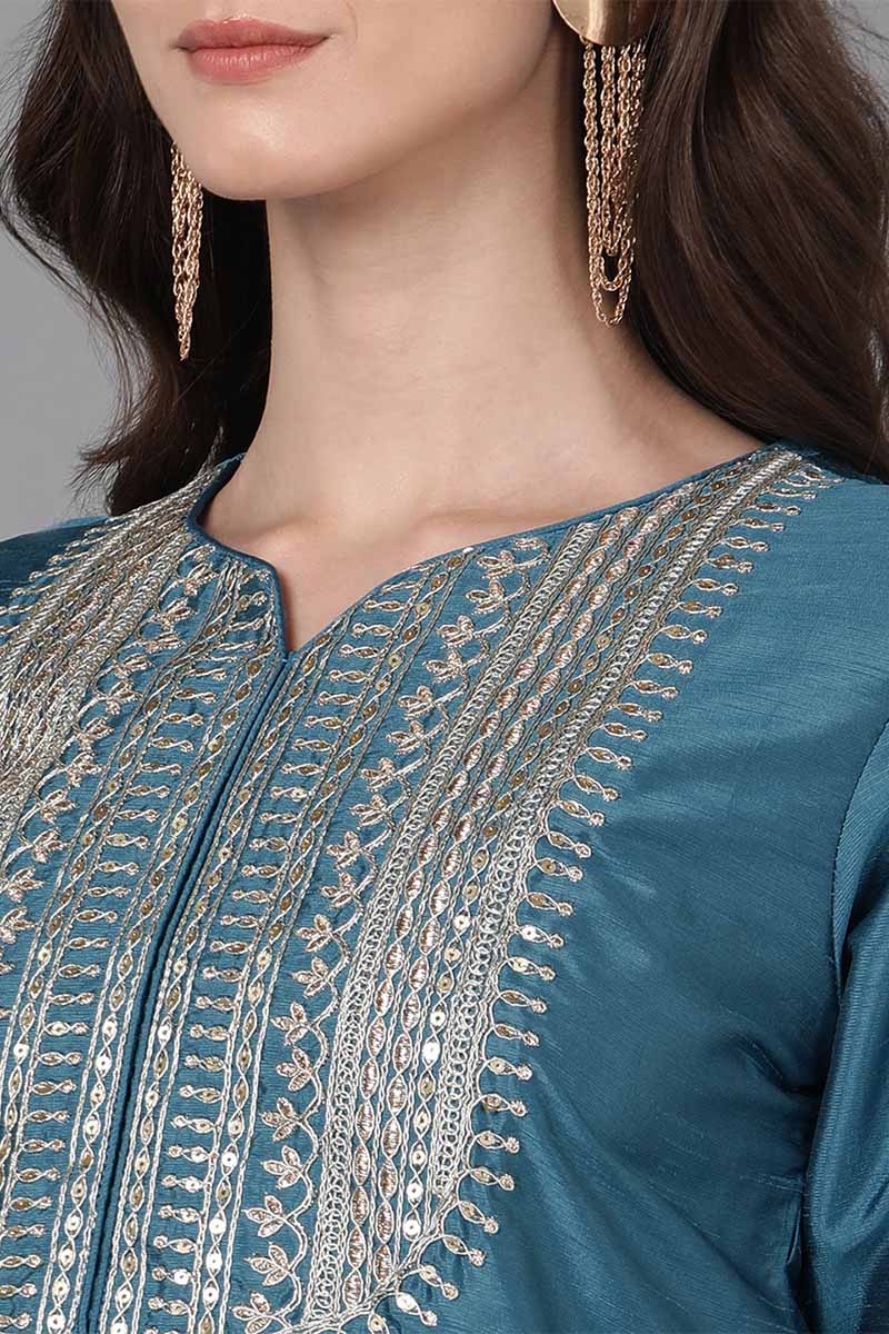 Blue Poly Silk Solid Yoke Design Kurta Trousers With Dupatta PKSKD1590