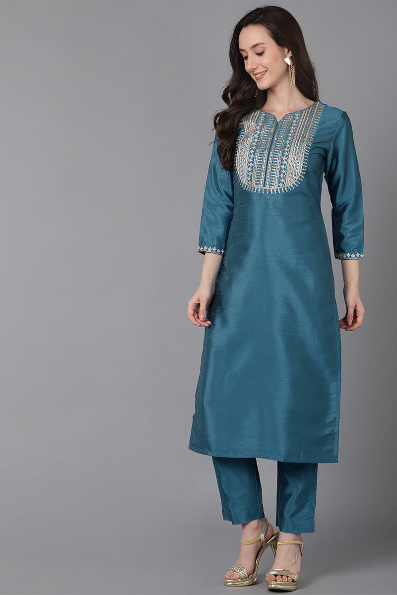 Blue Poly Silk Solid Yoke Design Kurta Trousers With Dupatta PKSKD1590