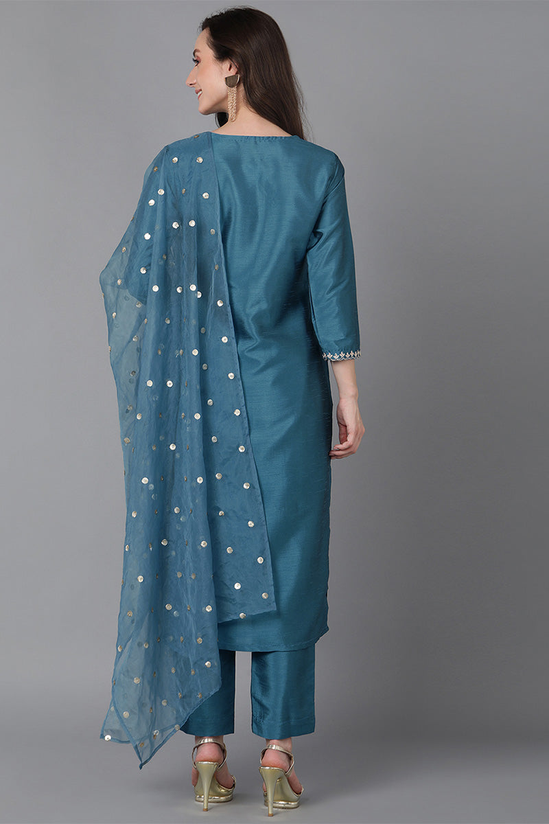 Blue Poly Silk Solid Yoke Design Kurta Trousers With Dupatta PKSKD1590