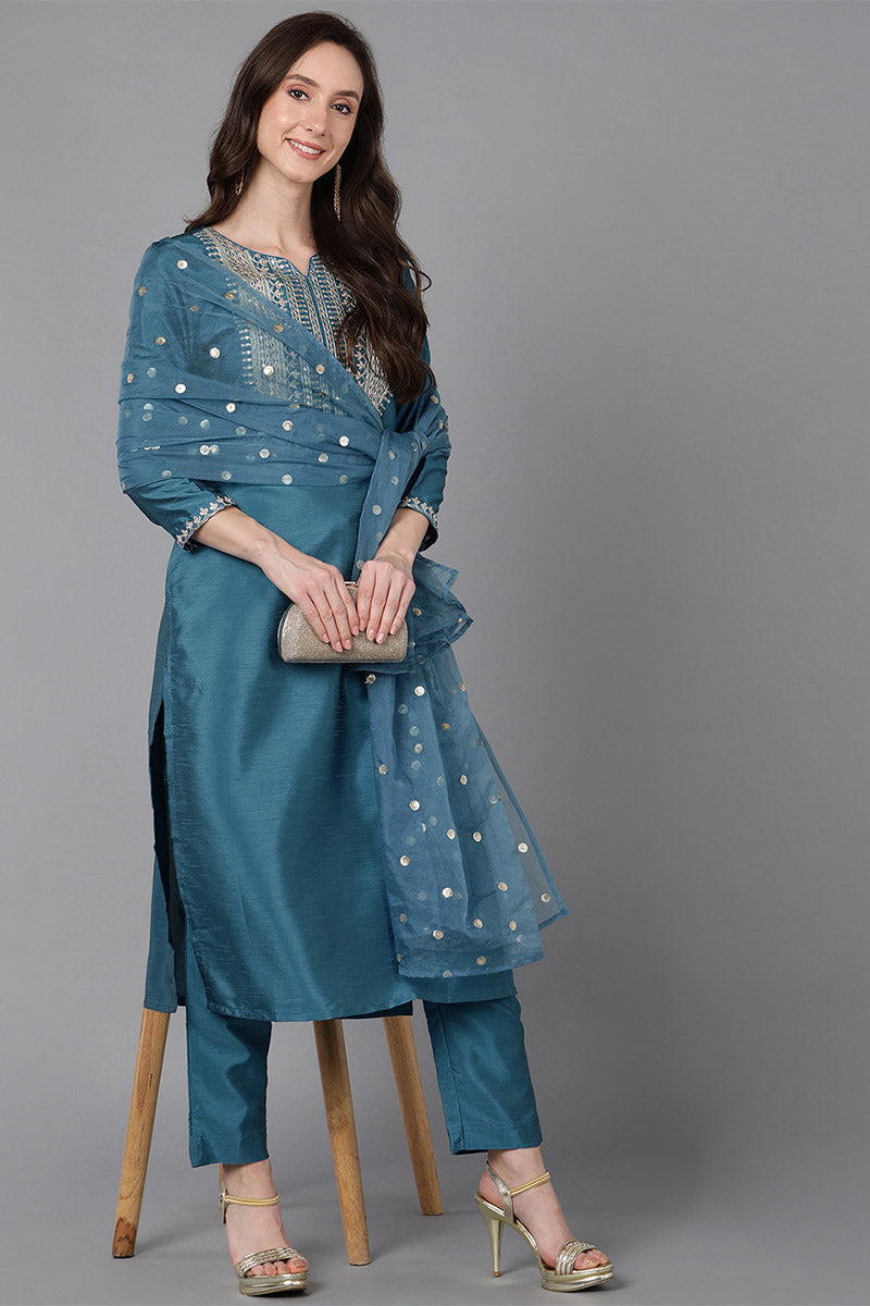 Blue Poly Silk Solid Yoke Design Kurta Trousers With Dupatta PKSKD1590