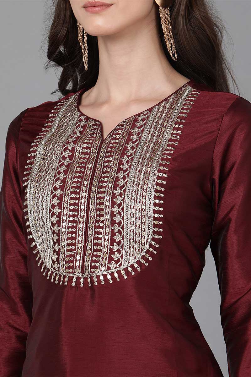 Maroon Poly Silk Solid Yoke Design Kurta Trousers With Dupatta PKSKD1593