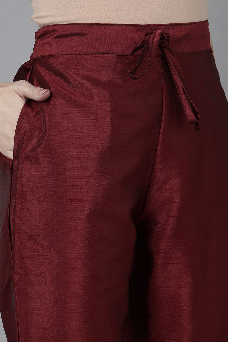 Maroon Poly Silk Solid Yoke Design Kurta Trousers With Dupatta PKSKD1593