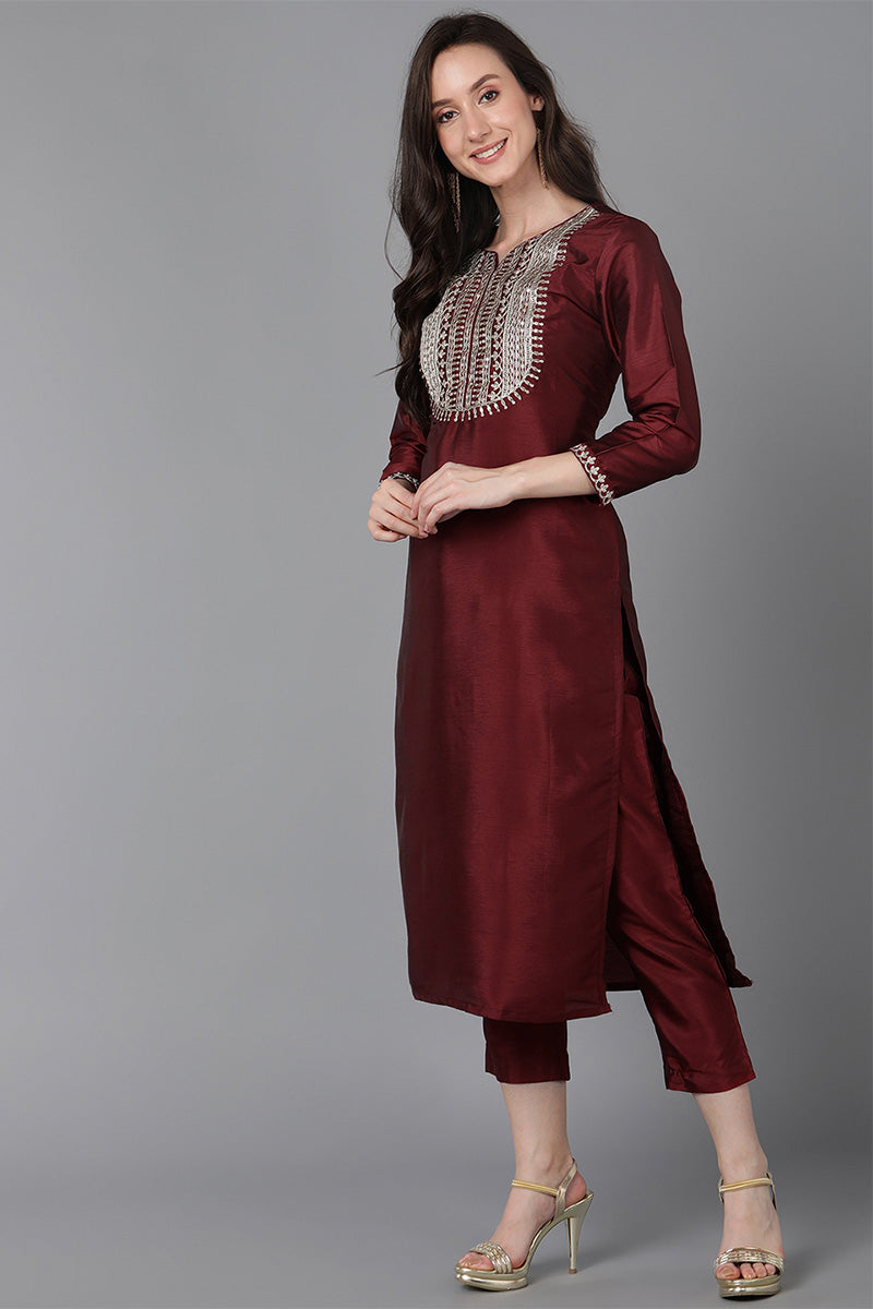 Maroon Poly Silk Solid Yoke Design Kurta Trousers With Dupatta PKSKD1593