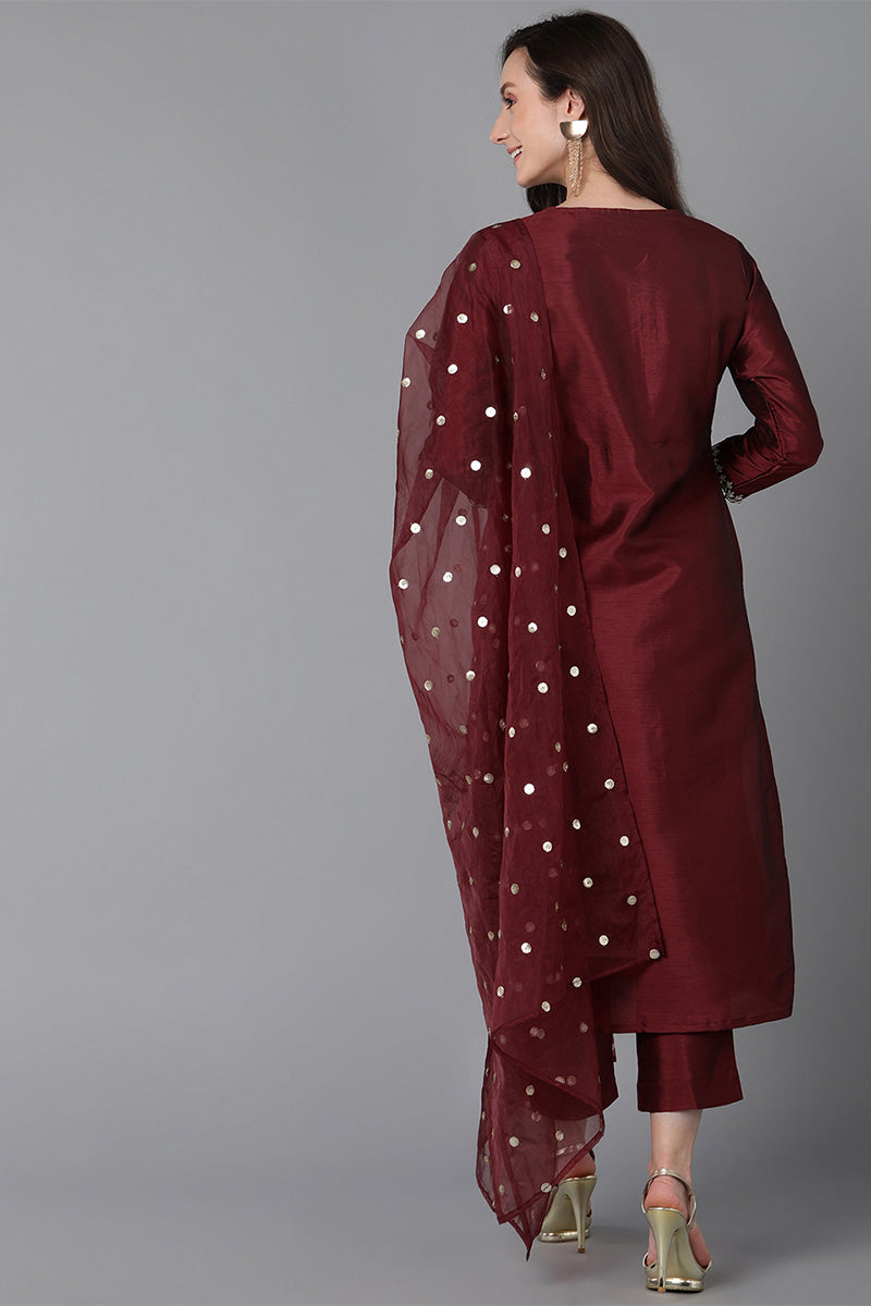 Maroon Poly Silk Solid Yoke Design Kurta Trousers With Dupatta PKSKD1593