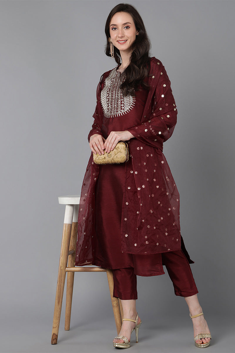 Maroon Poly Silk Solid Yoke Design Kurta Trousers With Dupatta PKSKD1593