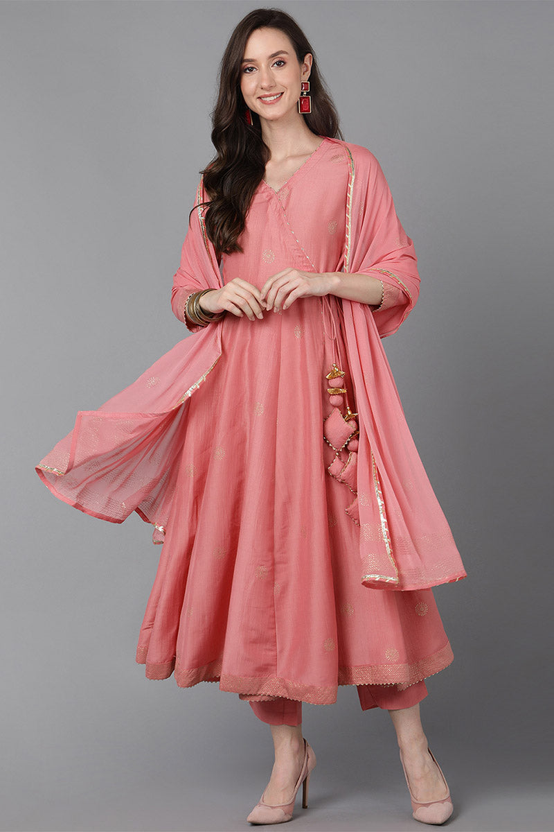 Pink Poly Silk Solid Solid Kurta Trousers With Dupatta PKSKD1594