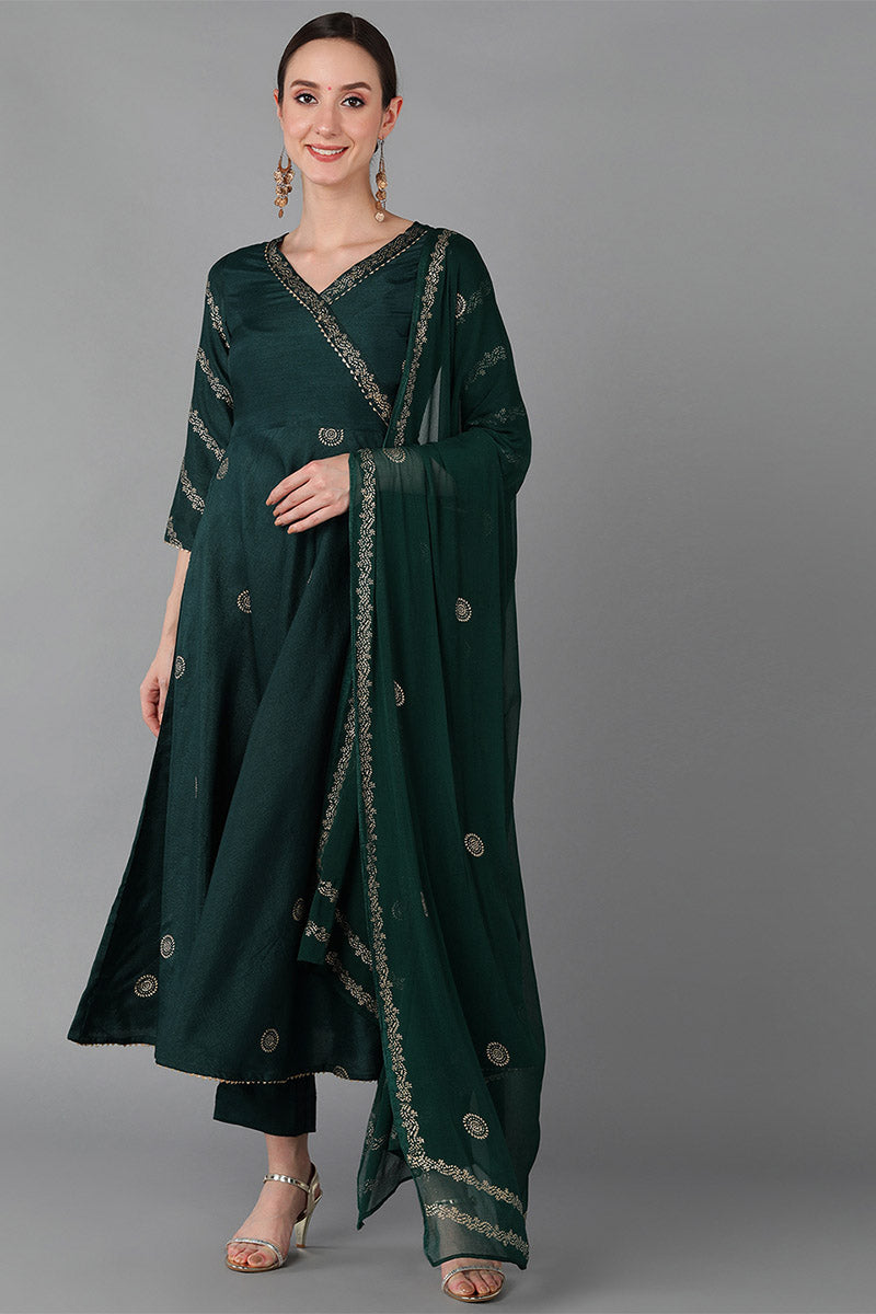 Ahika Women Green Silk Blend Solid Kurta Trousers With Dupatta 