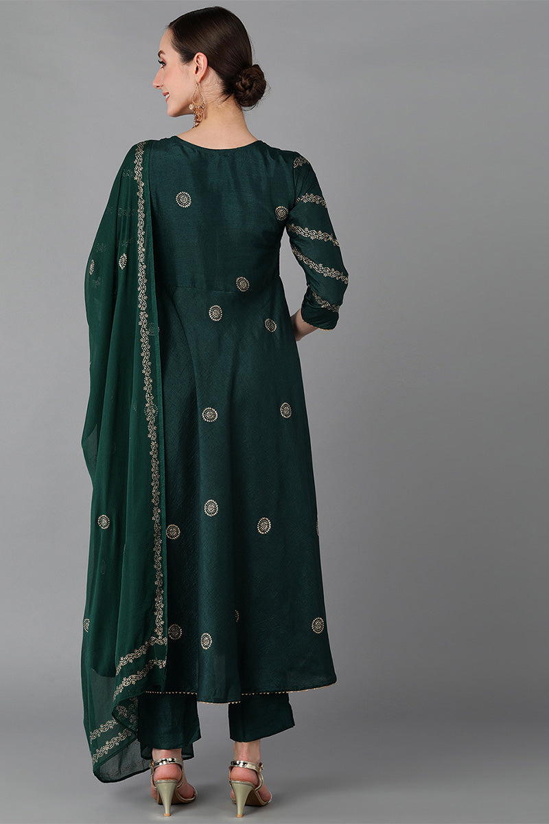 Ahika Women Green Silk Blend Solid Kurta Trousers With Dupatta 