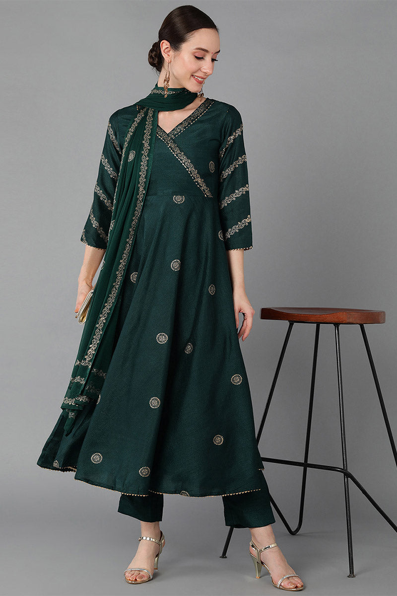 Ahika Women Green Silk Blend Solid Kurta Trousers With Dupatta 