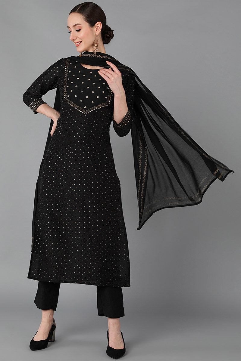 Ahika Women Black Silk Blend Yoke Design Kurta Trousers With Dupatta 