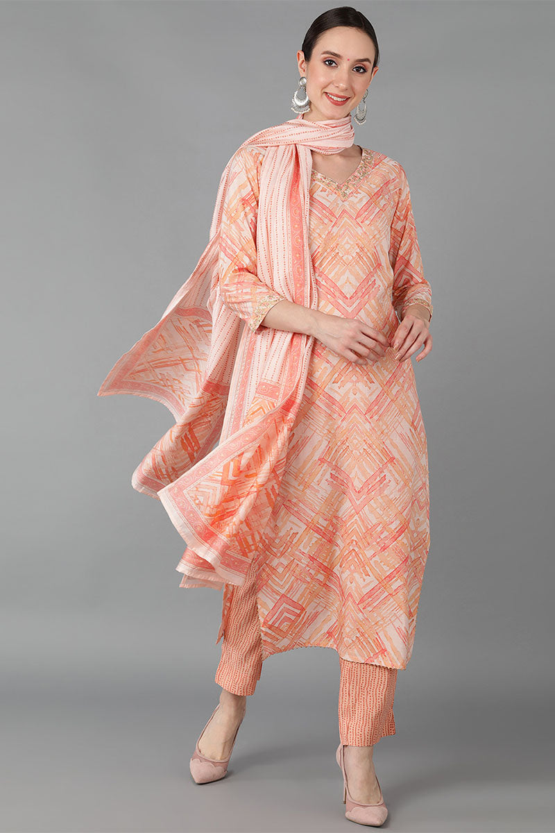 Ahika Women Orange Silk Blend Printed Kurta Trousers With Dupatta 