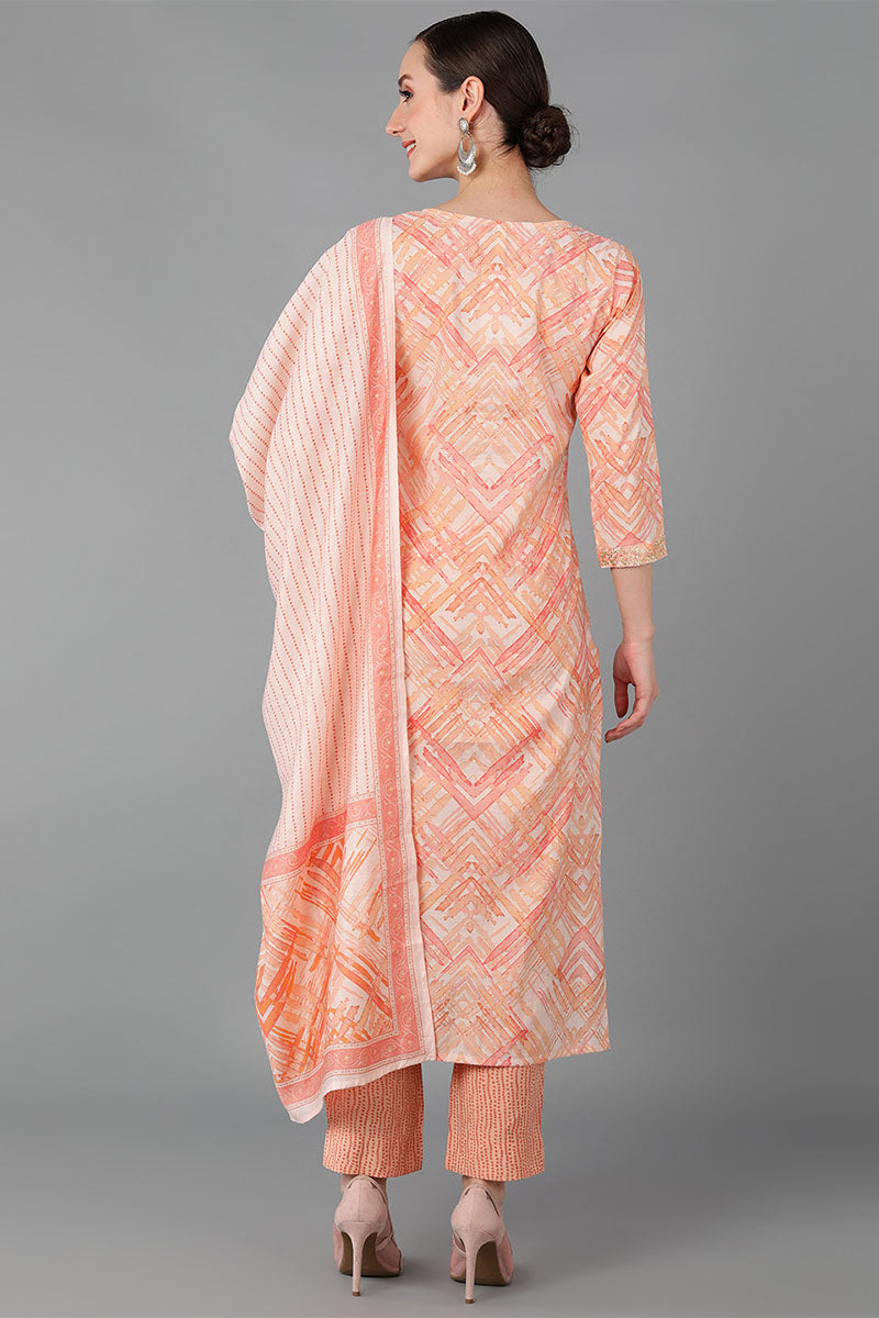 Ahika Women Orange Silk Blend Printed Kurta Trousers With Dupatta 