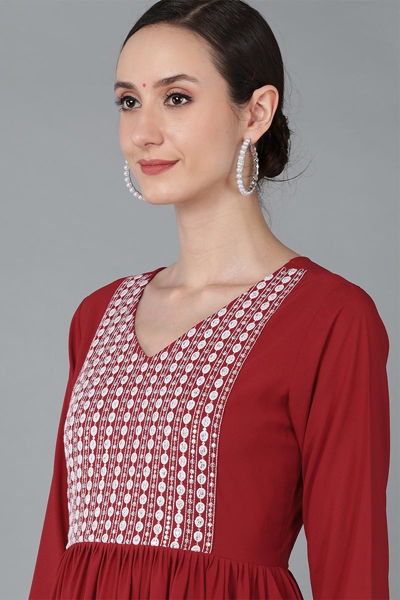 Ahika Women Red Poly Georgette Yoke Design Kurta Trousers With Dupatta 