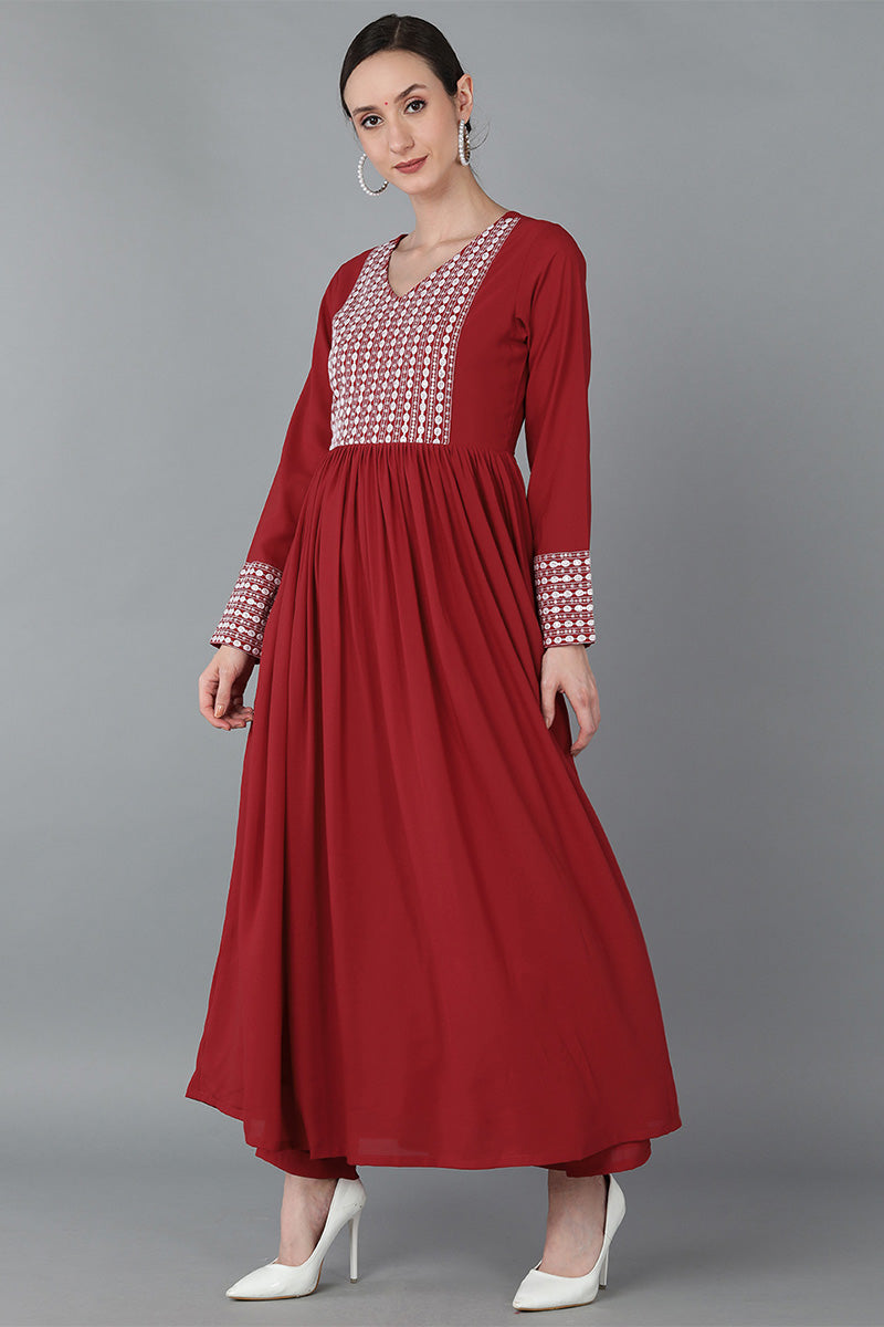 Ahika Women Red Poly Georgette Yoke Design Kurta Trousers With Dupatta 