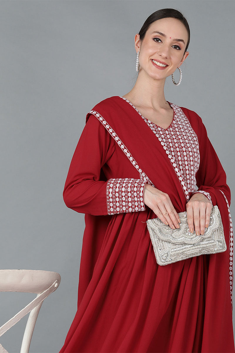 Ahika Women Red Poly Georgette Yoke Design Kurta Trousers With Dupatta 