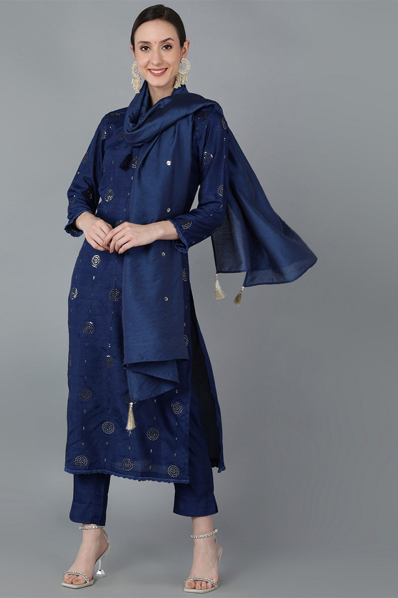 Navy Blue Silk Blend Solid Kurta Trousers With Dupatta PKSKD1612