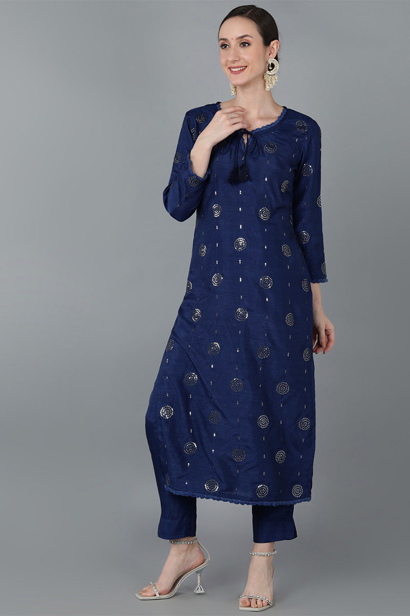 Navy Blue Silk Blend Solid Kurta Trousers With Dupatta PKSKD1612